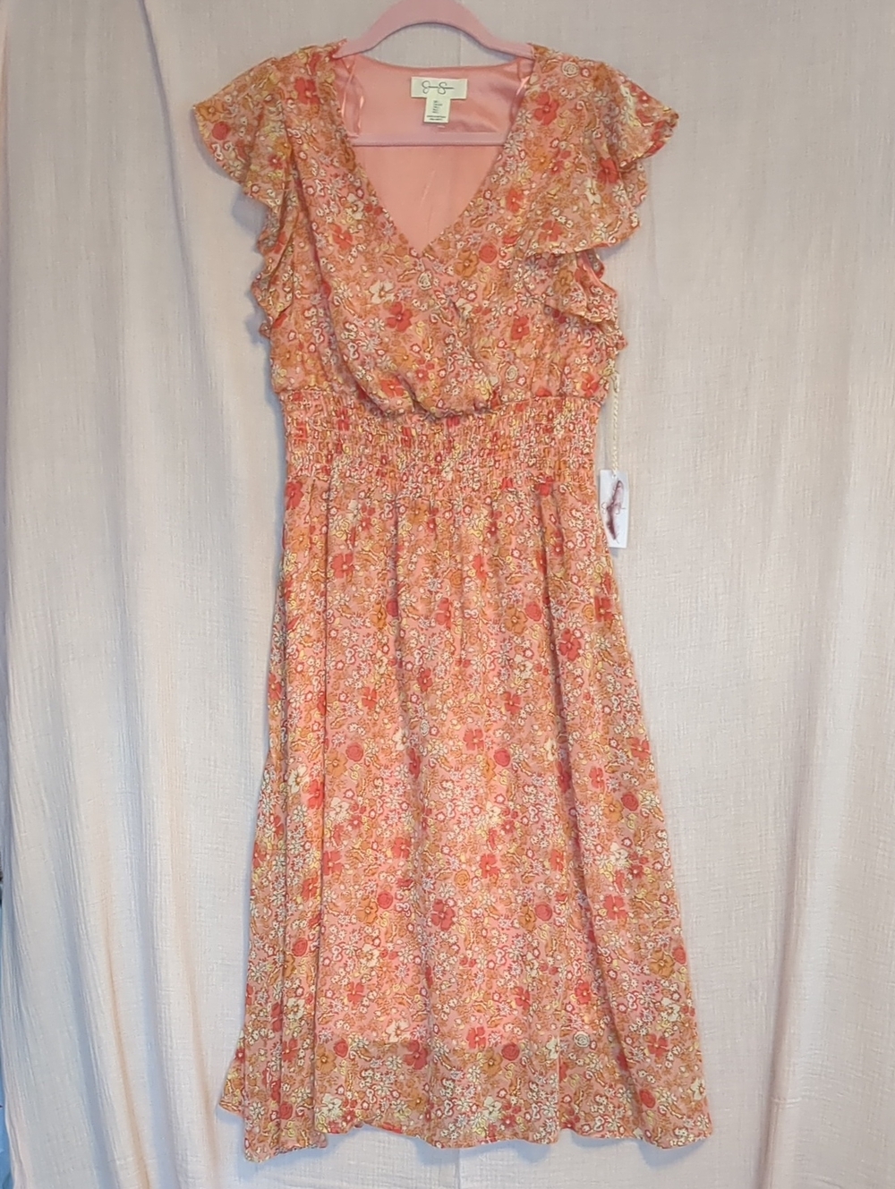 Jessica Simpson Peach Floral Ruffle V-Neck Midi Dress